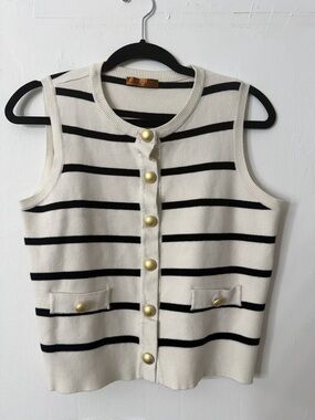 Belldini Black and Cream Striped Knit Vest with Gold Buttons